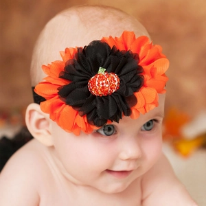 Fascia Halloween per neonati con fiore di chiffon arancione e nero e zucca brillante