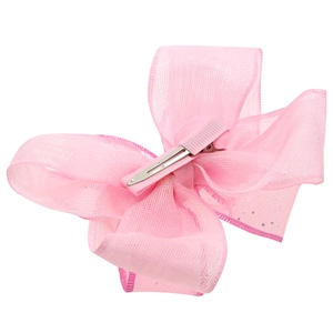 Pink sheer mesh bow hair clip with silver glitter and stainless steel alligator grip