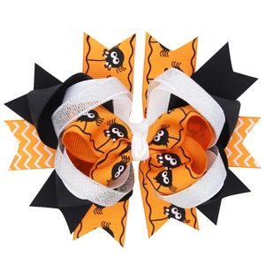 Halloween Multi-Layer Grosgrain Ribbon Hair Bow Clips For Kids Pumpkin Spider Pattern Glitter Festive Party Hair Accessories