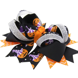 Halloween multi-layer layered bow hair clip with pumpkin witch hat and glitter patterns
