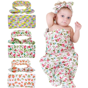Soft Polyester Baby Swaddle Blanket And Headband Set Floral Geometric Print Newborn Infant Receiving Wrap For Photography