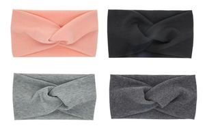 Detail of four-piece set baby headbands with ribbed knit texture and twisted knot
