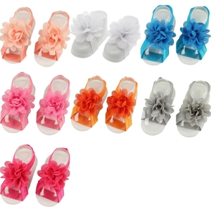 Lot de sandales pieds nus pour bébé avec décorations de fleurs en mousseline en 7 couleurs