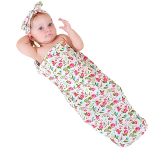 Baby swaddle blanket and headband set with red rose floral print on white cotton