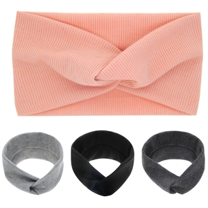 Set of four elastic ribbed knit baby headbands in pink, light gray, black, and dark gray