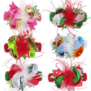 Detailed grid of Christmas hairbands with feathers, sequins, and Santa patterns