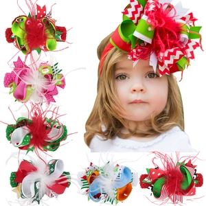 Christmas Kids Bow Hair Clip Headband Feather Ostrich Grosgrain Ribbon Santa Claus Pattern Festive Party Hair Accessories