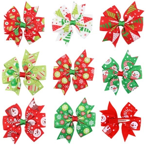 Detailed grid showing 9 styles of Christmas ribbon bow clips with snowflake and tree patterns