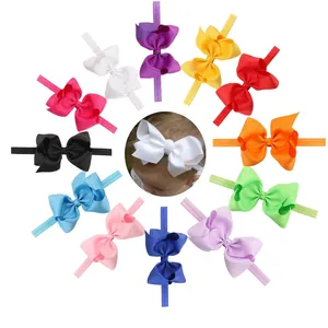 Set of 12 colorful 12cm ribbed bow headbands for baby girls in various solid shades