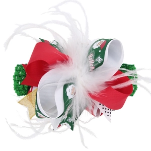 Christmas bow headband for kids featuring feathers, Santa prints, and festive patterns