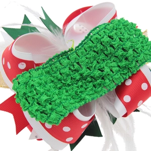 Christmas baby headband with green crochet band, red polka dot bow and white feathers