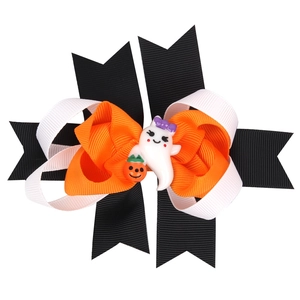 Pince à cheveux Halloween avec rubans noir-orange, fantôme blanc et détails citrouille