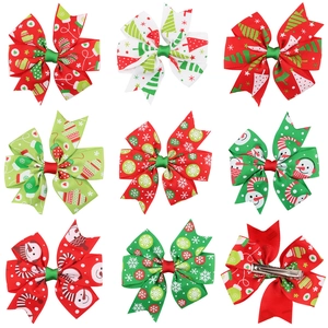 Christmas Grosgrain Ribbon Bow Hair Clips For Kids Snowflake Snowman Tree Pattern Festive Hair Accessories For Girls Toddlers