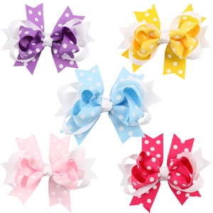 Lot de cinq nœuds papillon pour cheveux en ruban gros-grain à pois multicolores