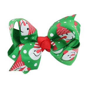 Christmas snowman pattern green grosgrain ribbon bow hair clip for children and girls