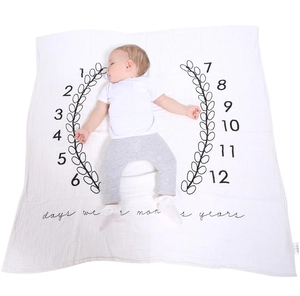 Macro view of white muslin baby milestone blanket with olive leaf and numbers print