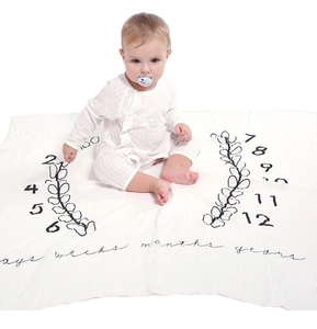 Detailed view of muslin milestone blanket with soft texture and artistic numbers