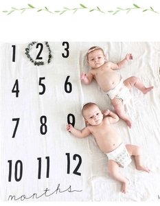Flat lay of baby milestone blanket with 1-12 numbers and green leaf border for photography
