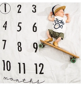 Detailed flat lay of cotton baby milestone blanket with 1-12 months print for photography