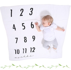 Detailed view of baby growth milestone blanket with months 1-12 and botanical decoration