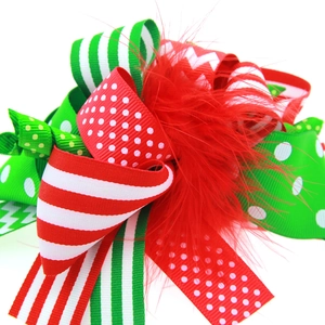 Bandeau de Noël avec nœud en plumes et motifs festifs rayés rouge et vert pour bébés