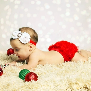 Baby Christmas outfit set with red chiffon flower headband and lace ruffled bloomers