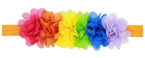 Vista dettagliata di fiori in chiffon a sei colori su fascia elastica arancione per bimbi