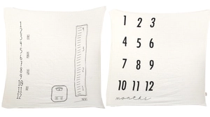 Macro detail of baby milestone blanket with hand-drawn monthly numbers and growth markers