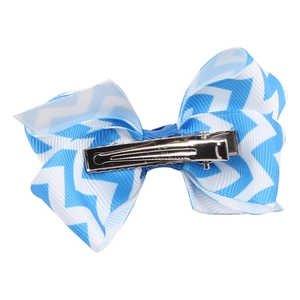 Blue and white wave pattern grosgrain ribbon bow hair clip with silver metal duckbill clip