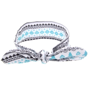 Close-up of DIY Christmas headband with Nordic snowflake patterns and center knot design