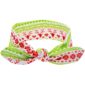 Detailed pattern of knitted Christmas headband with reindeer, snowflake and heart motifs