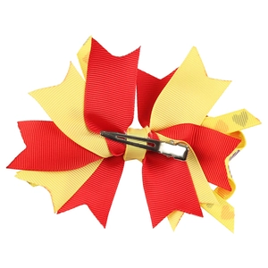 Christmas swallowtail bow hair clip with red and yellow ribbons and silver metal alligator clip