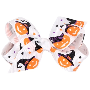 Halloween white bow hair clip with orange pumpkin and purple wizard hat printed patterns