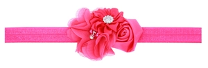 Détail du bandeau bébé rose rouge avec fleurs en tissu faites main et strass brillants