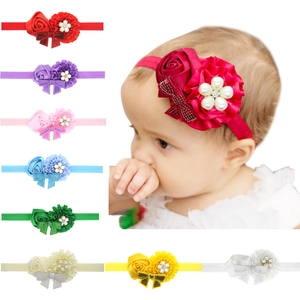 Baby Girls Elastic Headband With Sequins Bow Satin Rose Flower Faux Artificial Pearl Rhinestone Soft Fabric Hairband For Toddler Infants