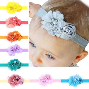 Bandeau Bébé Fleur en Mousseline Satin Fait à la Main avec Strass Fausse Künstliche Perle Bandeau Élastique Doux pour Nourrisson