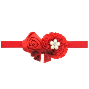 Red sequin bow and satin rose baby headband with faux pearls on elastic band