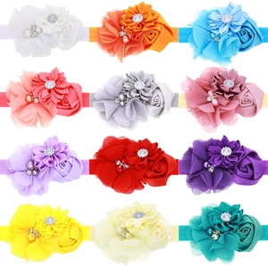 Lot de 12 bandeaux élastiques pour bébé avec fleurs en mousseline, strass et perles