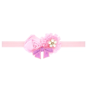 Pink elastic baby headband with sequin bow, rose flower, and pearl accents for girls