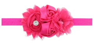 Detail of rose red baby headband with satin roses, rhinestone chiffon flowers and pearls