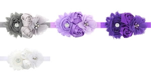 Detailed set of four elastic baby headbands featuring satin roses, chiffon flowers and pearls