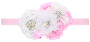 Detailansicht des Kinder-Stirnbands mit Strass-Rosen und elastischem rosa Band