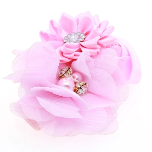Bandeau élastique rose pour bébé avec fleurs en gaze multicouches, strass et perles