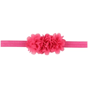 Pink chiffon baby headband with three floral accents and elastic fabric for comfortable wear