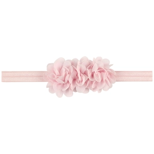 Pink chiffon floral baby headband featuring three layered flowers on an elastic band
