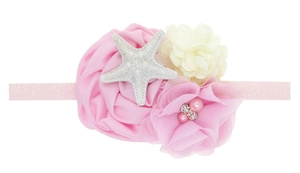 Macro detail of baby starfish headband with pink chiffon flower and pearl embellishments