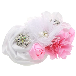 Modisches rosa und weißes Kinderstirnband mit Satinrosen, Strasssteinen und Perlen