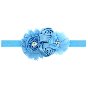 Elastic baby headband with blue sunflower rhinestone and satin rose flowers