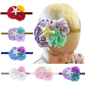 Ocean Theme Baby Starfish Chiffon Flower Headband Glitter Elastic Hair Band For Infants Toddlers Kids Birthday Hair Accessories
