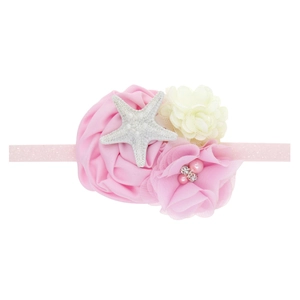 Pink starfish headband for baby girls with fabric flowers, pearls and glitter elastic band
